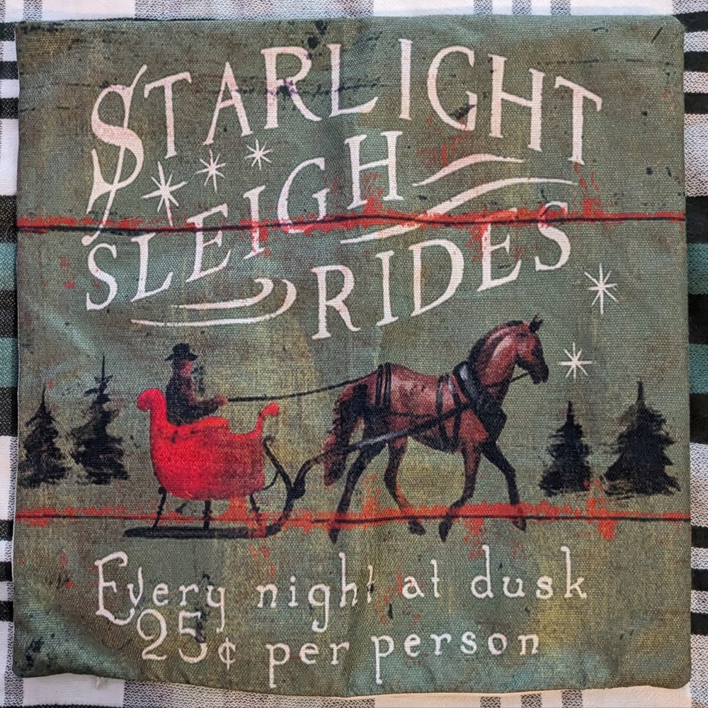 Christmas Style Pillow Cover - Rustic Horse Sleigh Ride - 18 x 18
